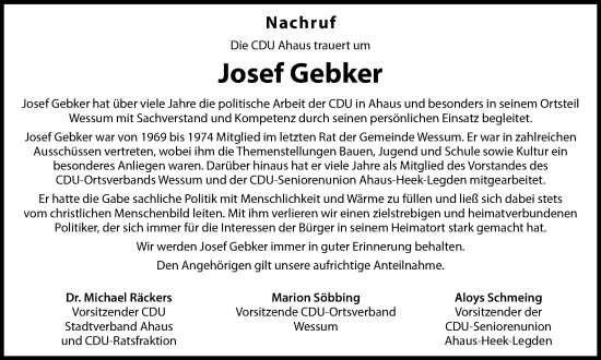 Traueranzeige von Josef Gebker von Münsterland Zeitung
