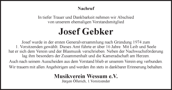 Traueranzeige von Josef Gebker von Münsterland Zeitung