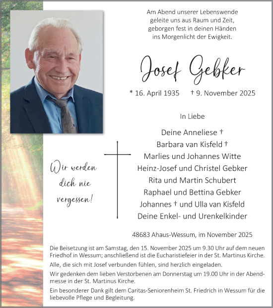 Traueranzeige von Josef Gebker von Münsterland Zeitung