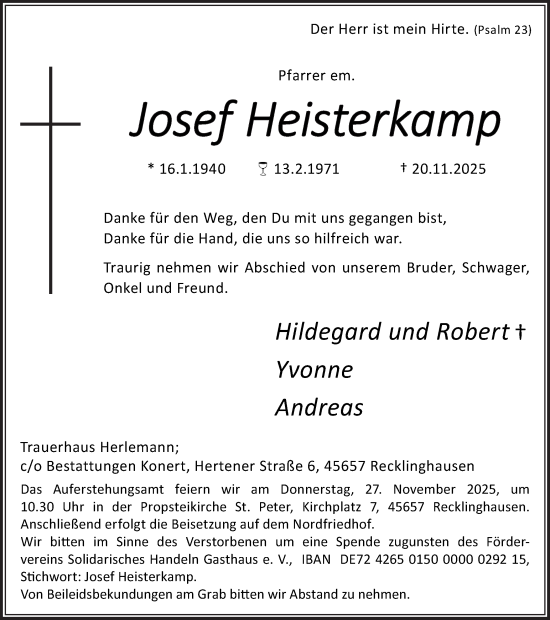 Traueranzeige von Josef Heisterkamp von Trauer Vest