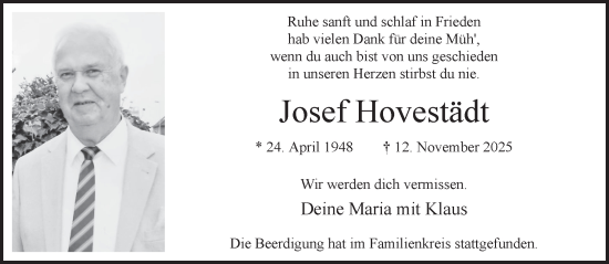 Traueranzeige von Josef Hovestädt 