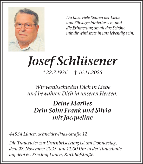 Traueranzeige von Josef Schlüsener von Lüner Anzeiger