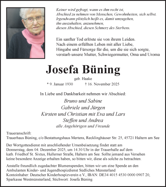 Traueranzeige von Josefa Büning von Ruhr Nachrichten und Halterner Zeitung