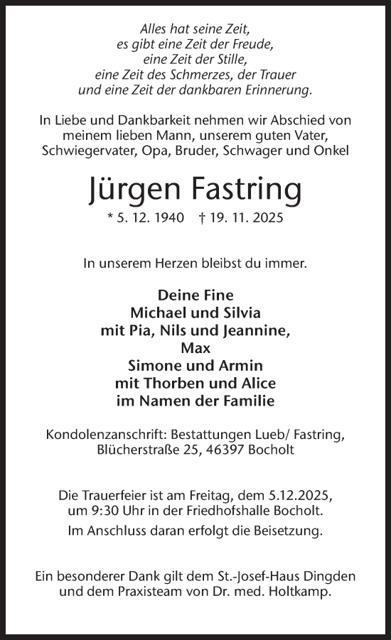 Traueranzeige von Jürgen Fastring 
