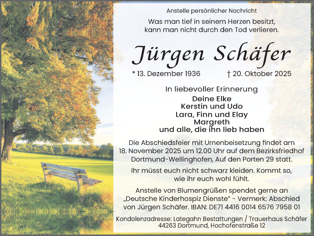  Traueranzeige für Jürgen Schäfer vom 08.11.2025 aus Ruhr Nachrichten