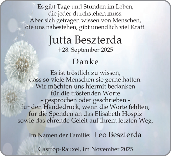 Traueranzeige von Jutta Beszterda von Stadtanzeiger Castrop-Rauxel
