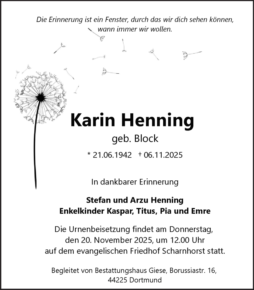  Traueranzeige für Karin Henning vom 15.11.2025 aus Ruhr Nachrichten