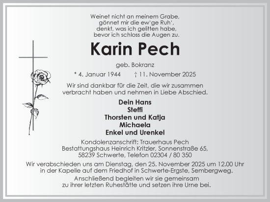 Traueranzeige von Karin Pech von Ruhr Nachrichten