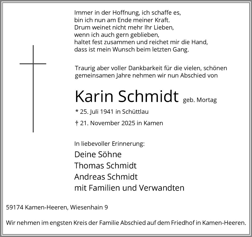  Traueranzeige für Karin Schmidt vom 29.11.2025 aus Hellweger Anzeiger
