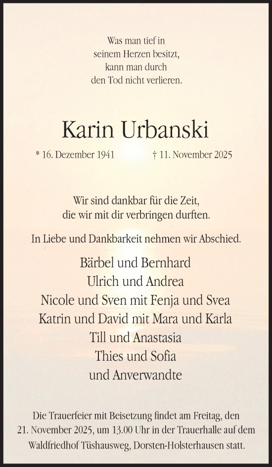 Traueranzeige von Karin Urbanski von Ruhr Nachrichten und Dorstener Zeitung