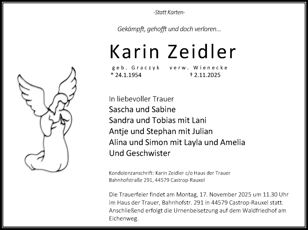  Traueranzeige für Karin Zeidler vom 15.11.2025 aus Stadtanzeiger Castrop-Rauxel