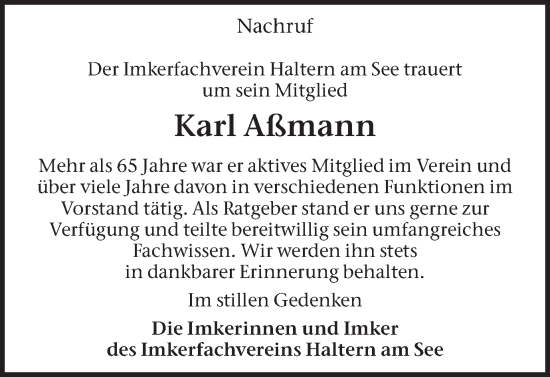Traueranzeige von Karl Aßmann von Ruhr Nachrichten und Halterner Zeitung