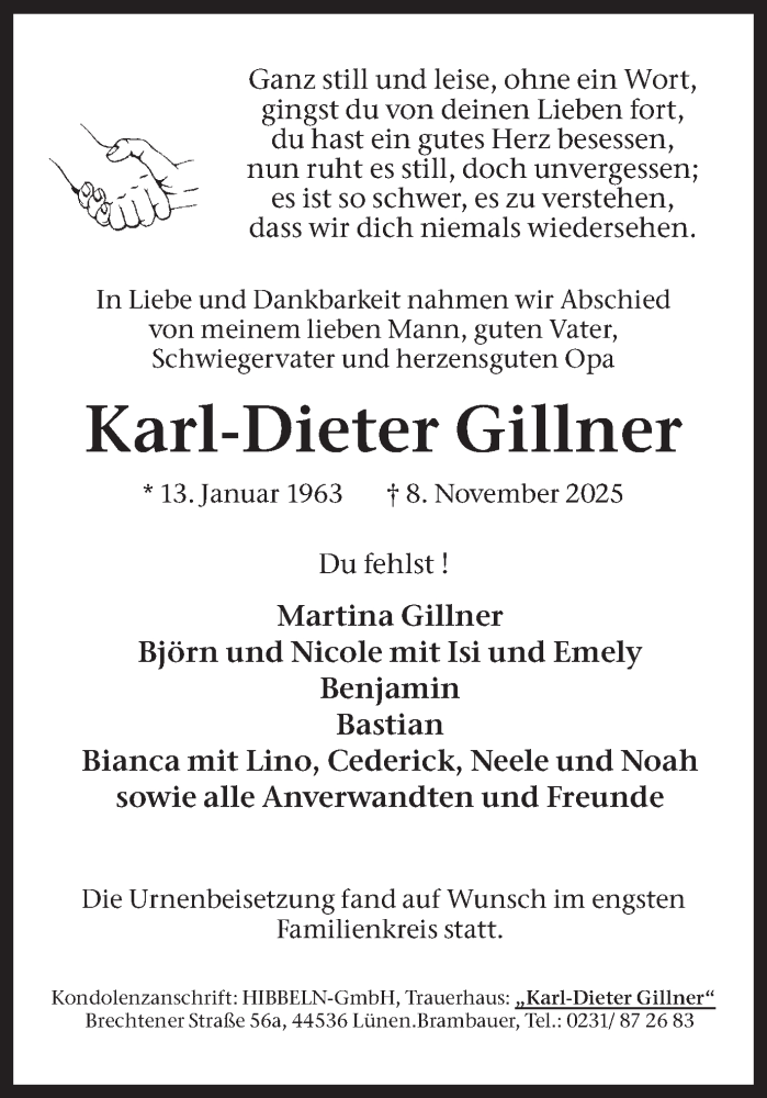  Traueranzeige für Karl-Dieter Gillner vom 22.11.2025 aus Lüner Anzeiger