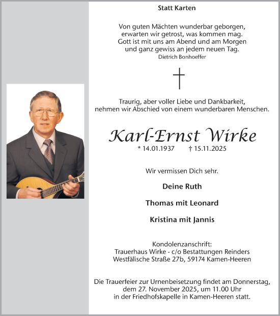 Traueranzeige von Karl-Ernst Wirke von Hellweger Anzeiger