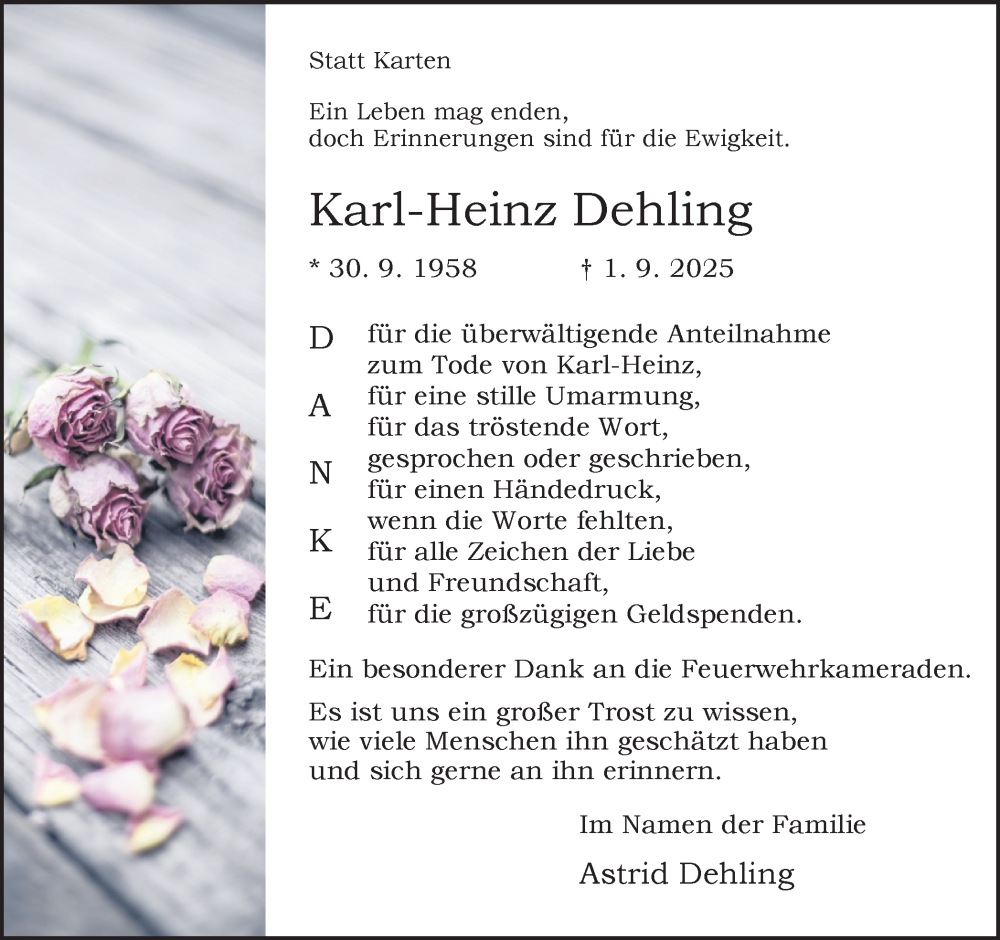  Traueranzeige für Karl-Heinz Dehling vom 22.11.2025 aus Ruhr Nachrichten und Dorstener Zeitung