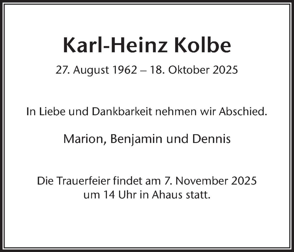  Traueranzeige für Karl-Heinz Kolbe vom 05.11.2025 aus Münsterland Zeitung