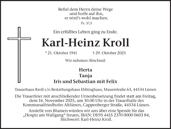Traueranzeige von Karl-Heinz Kroll von Ruhr Nachrichten