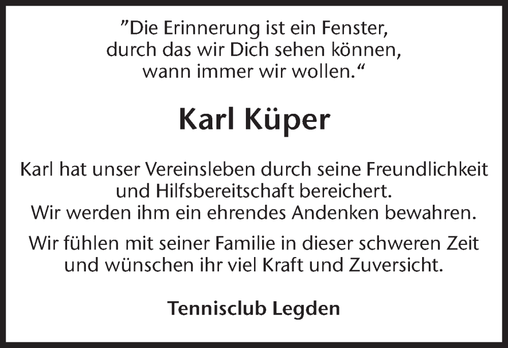  Traueranzeige für Karl Küper vom 28.11.2025 aus Münsterland Zeitung
