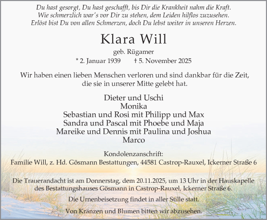 Traueranzeige von Klara Will von Stadtanzeiger Castrop-Rauxel