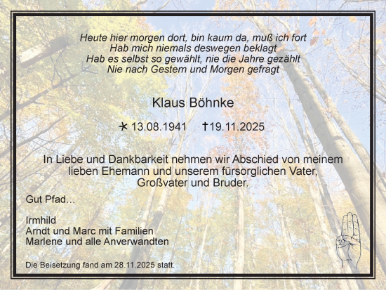 Traueranzeige von Klaus Böhnke von Trauer Vest