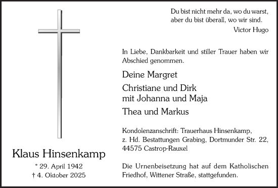 Traueranzeige von Klaus Hinsenkamp von Stadtanzeiger Castrop-Rauxel