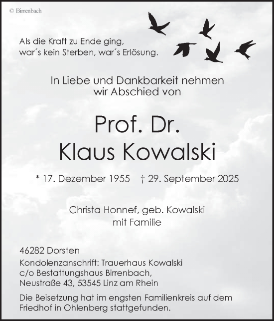 Traueranzeige von Klaus Kowalski 