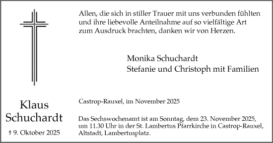 Traueranzeige von Klaus Schuchardt von Stadtanzeiger Castrop-Rauxel