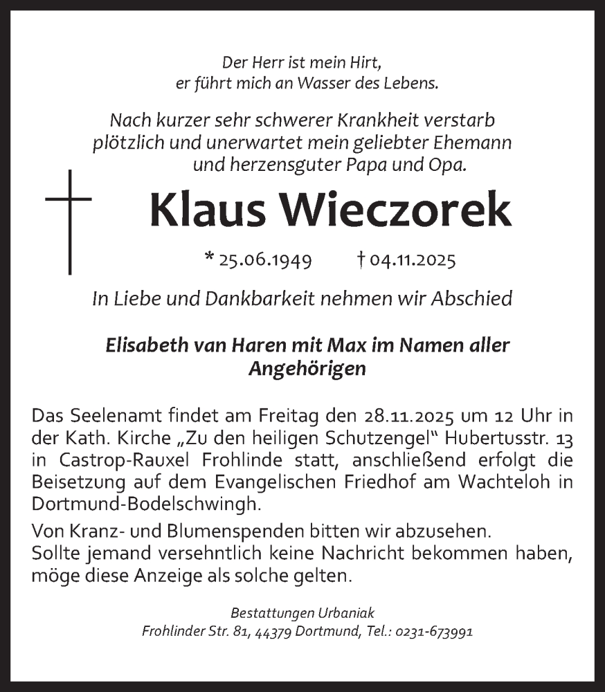  Traueranzeige für Klaus Wieczorek vom 22.11.2025 aus Ruhr Nachrichten