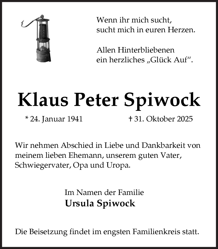  Traueranzeige für Klaus Peter Spiwock vom 15.11.2025 aus Trauer Vest