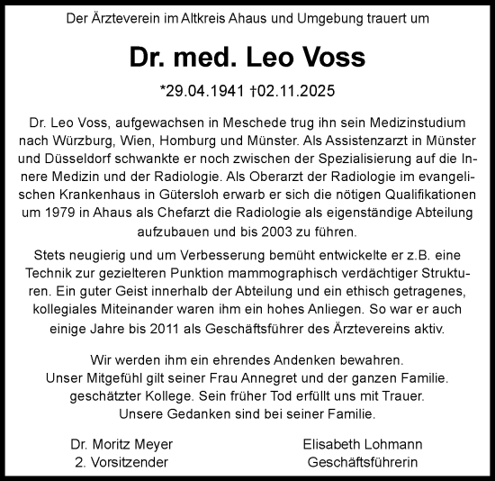 Traueranzeige von Leo Voss von Münsterland Zeitung