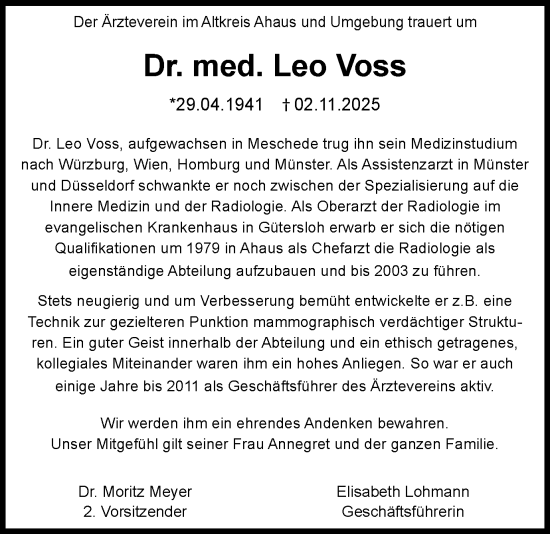 Traueranzeige von Leo Voss von Münsterland Zeitung