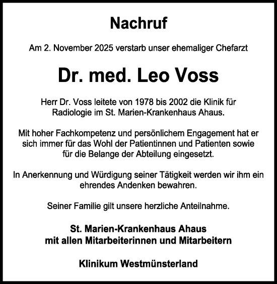 Traueranzeige von Leo Voss von Münsterland Zeitung