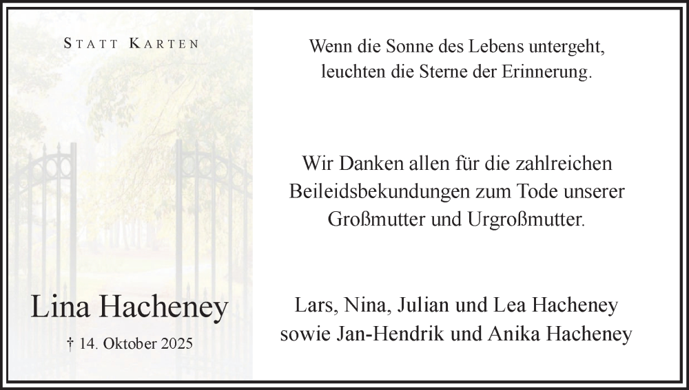  Traueranzeige für Lina Hacheney vom 15.11.2025 aus Hellweger Anzeiger
