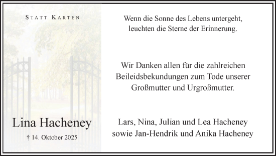 Traueranzeige von Lina Hacheney von Hellweger Anzeiger