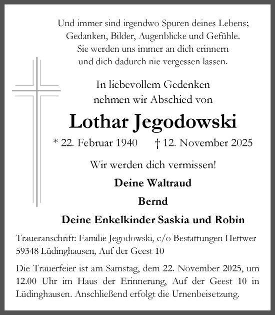 Traueranzeige von Lothar Jegodowski von Stadtanzeiger Castrop-Rauxel