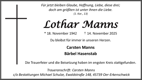 Traueranzeige von Lothar Manns von Trauer Vest