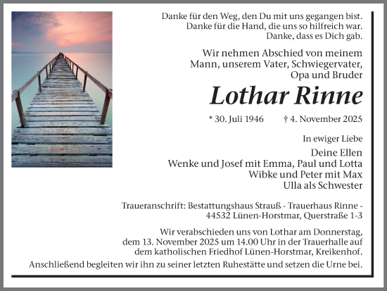 Traueranzeige von Lothar Rinne von Ruhr Nachrichten