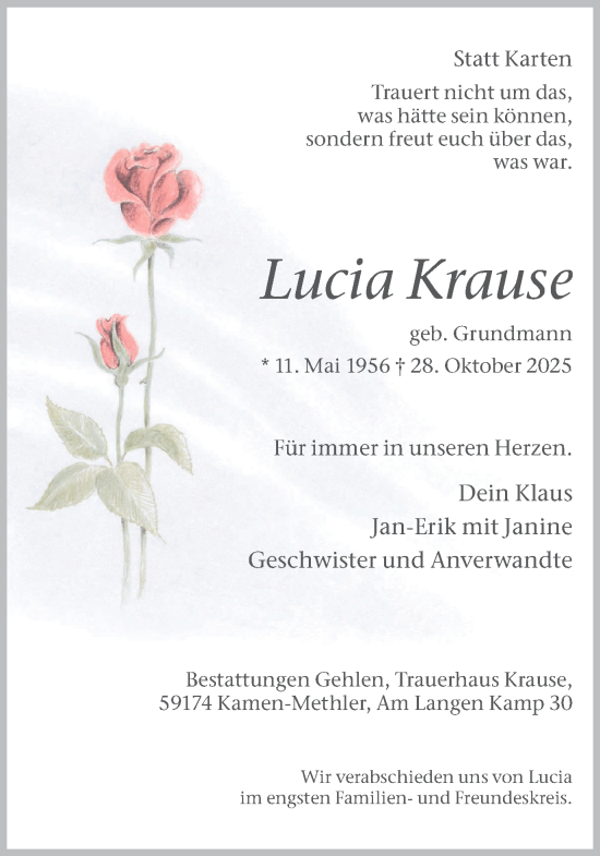 Traueranzeige von Lucia Krause von Hellweger Anzeiger