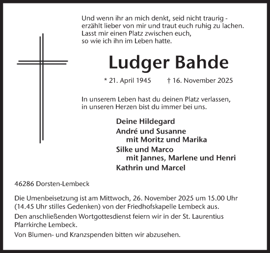 Traueranzeige von Ludger Bahde von Ruhr Nachrichten und Dorstener Zeitung