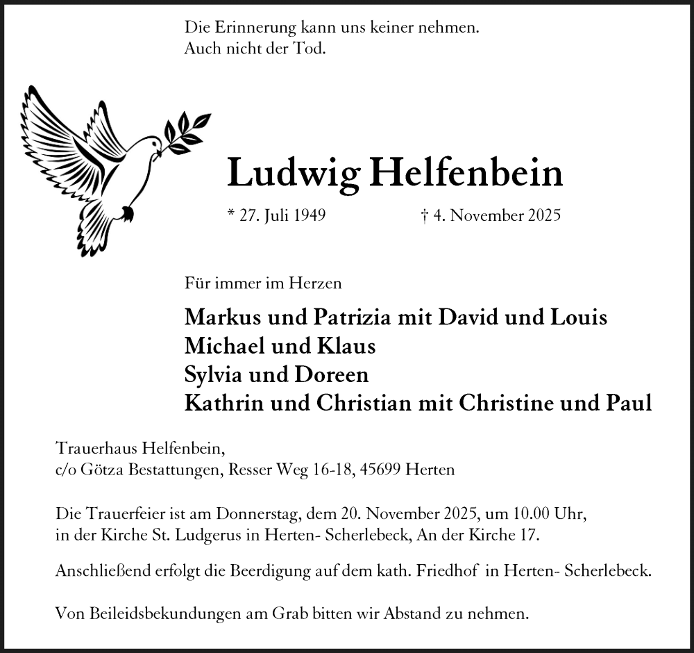  Traueranzeige für Ludwig Helfenbein vom 15.11.2025 aus Trauer Vest