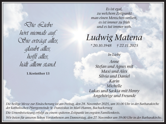 Traueranzeige von Ludwig Matena von Trauer Vest