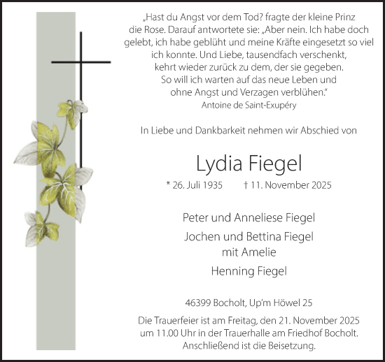 Traueranzeige von Lydia Fiegel 