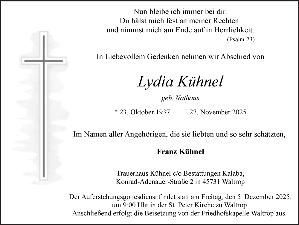  Traueranzeige für Lydia Kühnel vom 29.11.2025 aus Trauer Vest