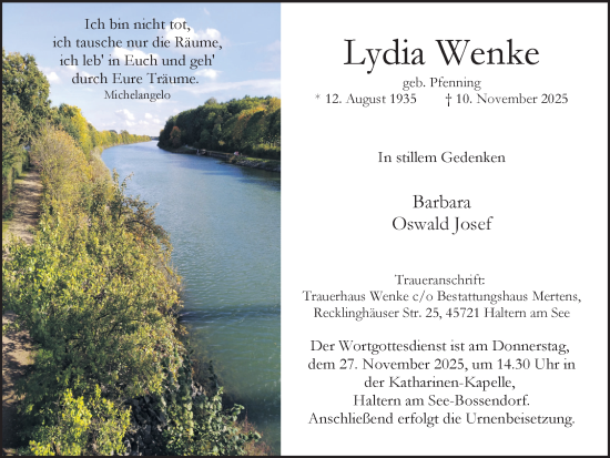Traueranzeige von Lydia Wenke von Ruhr Nachrichten und Halterner Zeitung