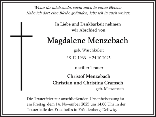 Traueranzeige von Magdalene Menzebach von Hellweger Anzeiger