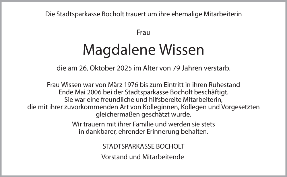  Traueranzeige für Magdalene Wissen vom 06.11.2025 aus 