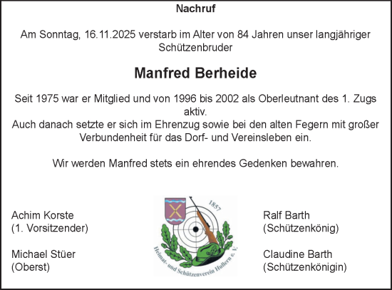 Traueranzeige von Manfred Berheide von Ruhr Nachrichten und Halterner Zeitung