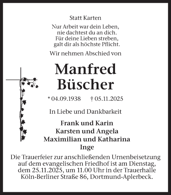 Traueranzeige von Manfred Büscher von Ruhr Nachrichten