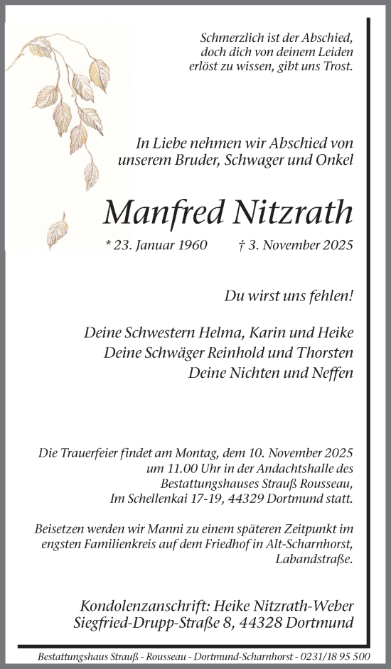 Traueranzeige von Manfred Nitzrath von Ruhr Nachrichten