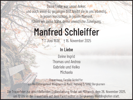 Traueranzeige von Manfred Schleiffer von Hellweger Anzeiger